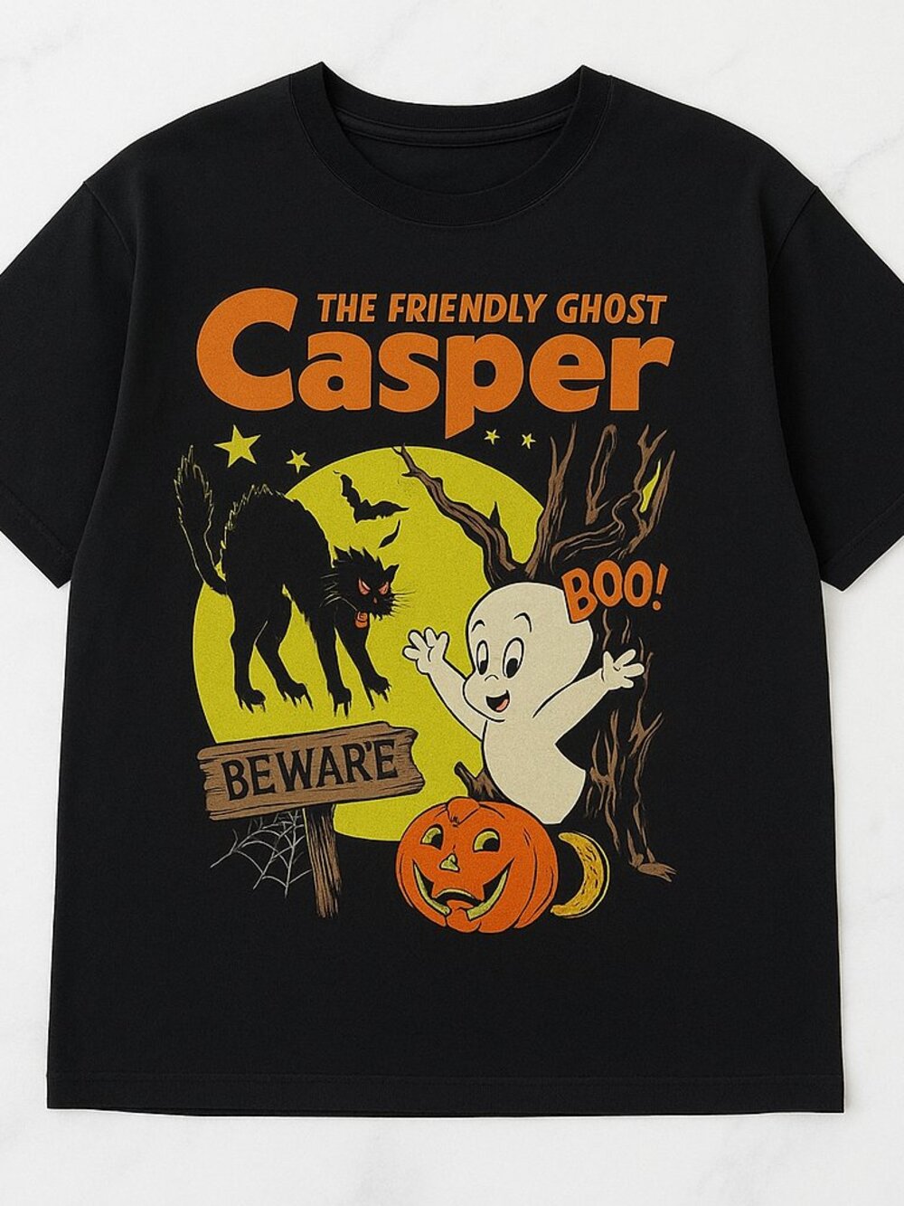 Casper Friendly Ghost Halloween Black Cat Pumpkin Graphic Tee